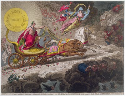 Licht vertreibt die Dunkelheit - Verdunstung der stygischen Ausdünstungen oder Die Sonne der Verfassung erhebt sich über die Wolken der Opposition, veröffentlicht von Hannah Humphrey im Jahr 1795 (Radierung, Gravur und Text) von James Gillray